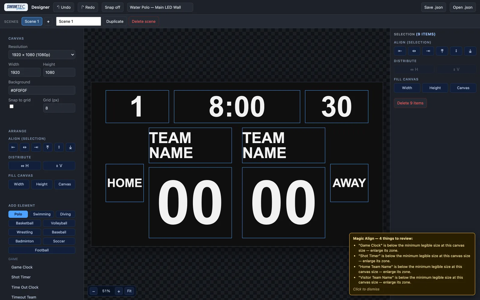 SwimTec Designer editing a water polo LED scoreboard layout