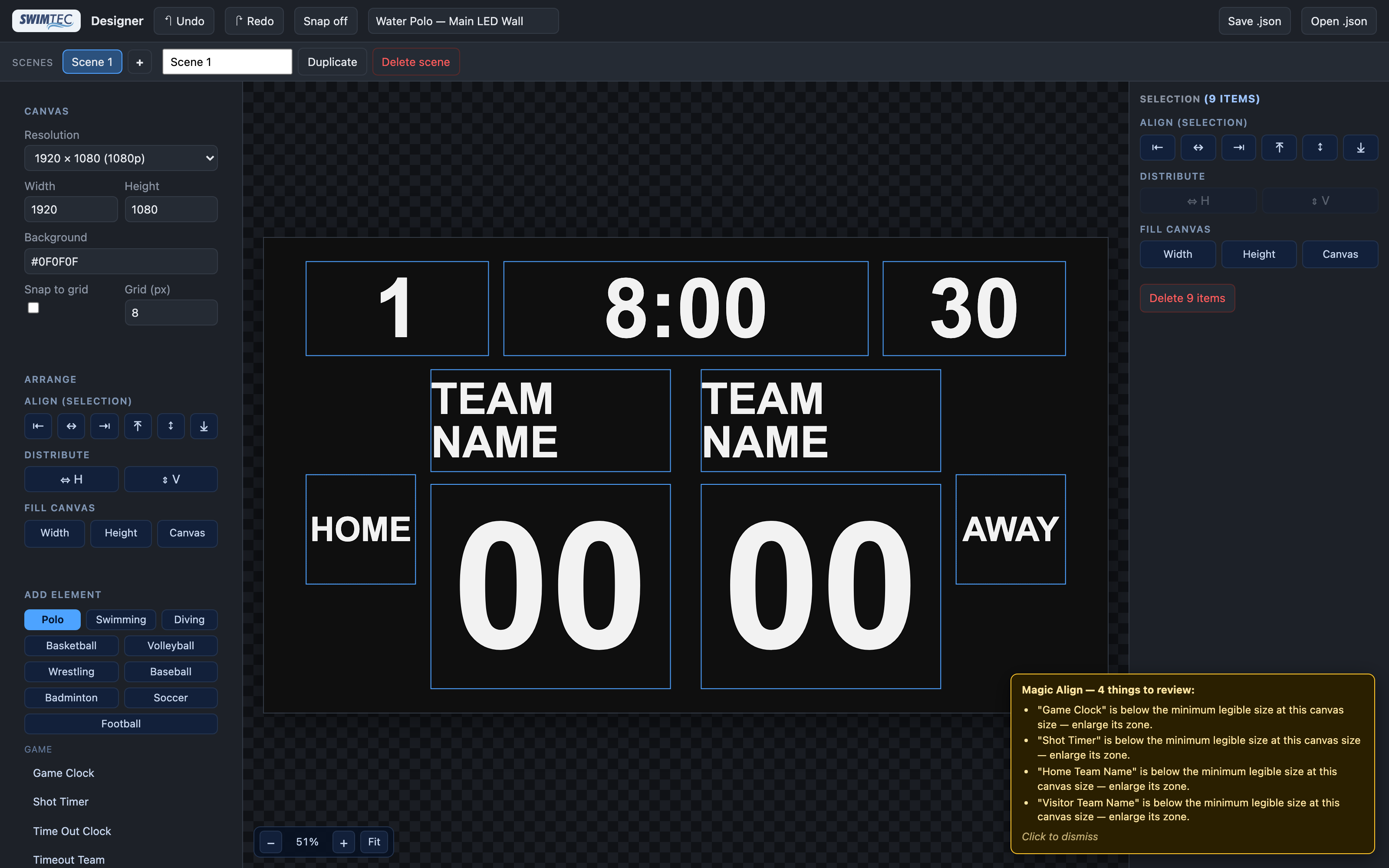 SwimTec Designer editing a water polo LED scoreboard layout